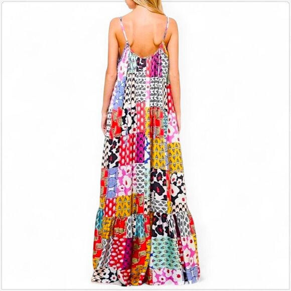 TOV Los Angeles Rideau A-Line Flowy Maxi Patchwork Multi Print Dress NWT NEW 38 - Picture 3 of 8